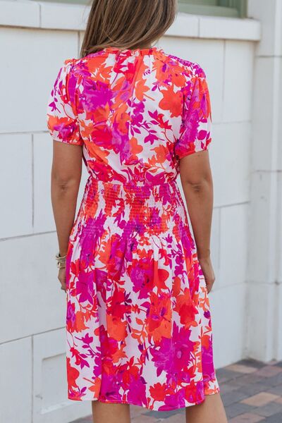 Smocked Printed Tie Neck Short Sleeve Dress