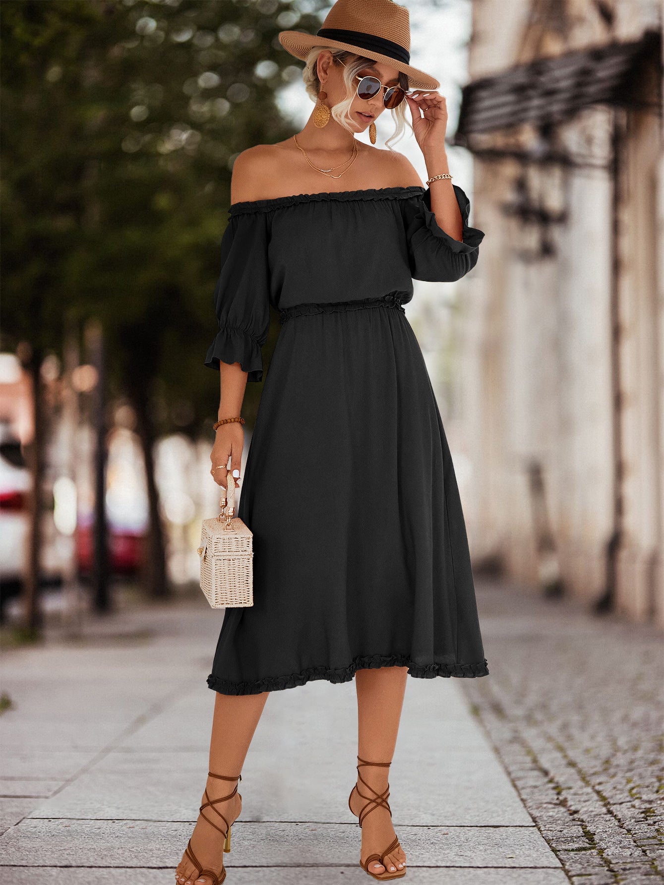 Frilled Off-Shoulder Flounce Sleeve Dress