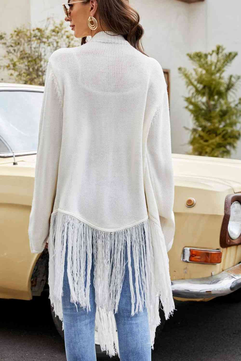 Double Take Fringe Hem Open Front Ribbed Trim Cardigan