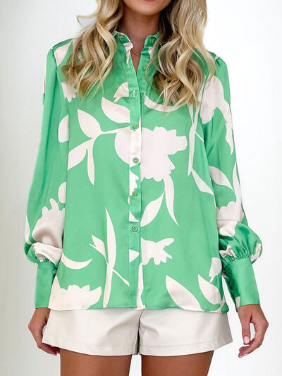 Printed Button Up Lantern Sleeve Shirt