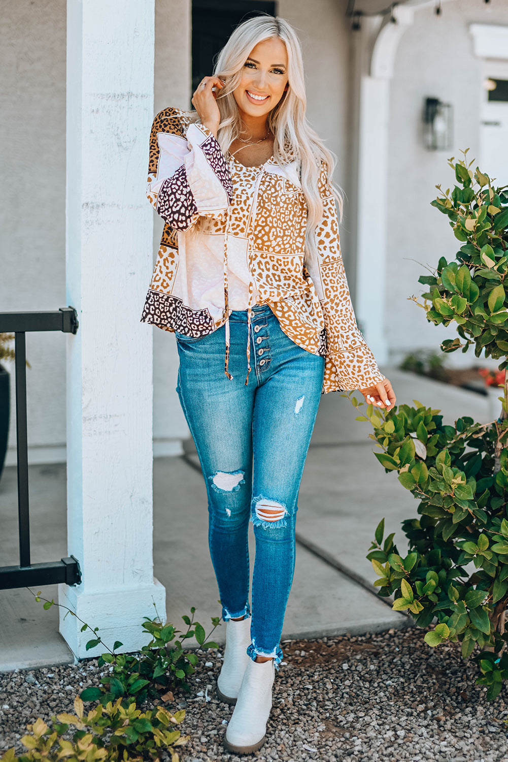 Leopard Patchwork Tied Flare Sleeve Blouse