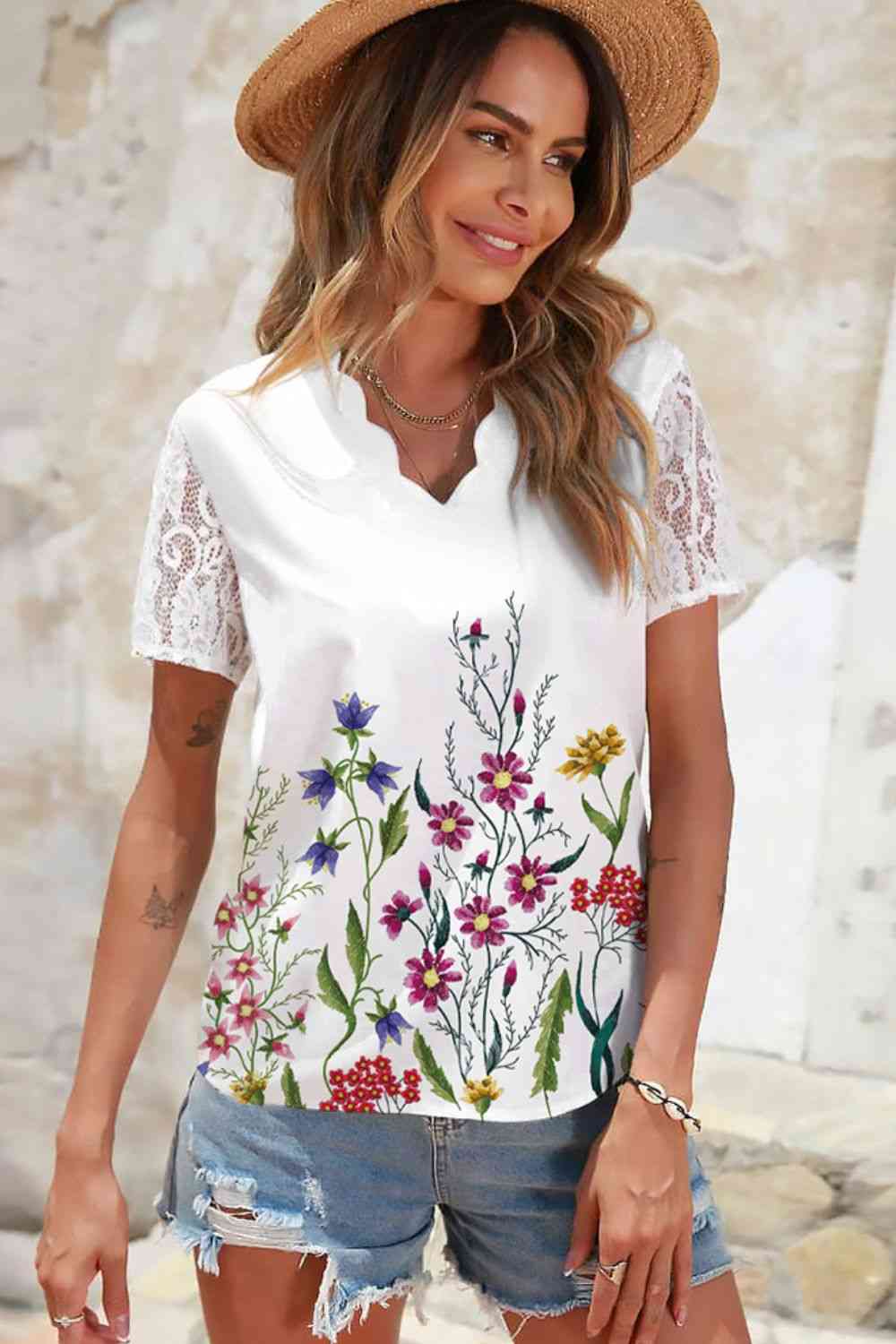 Floral Graphic Scalloped V-Neck Top