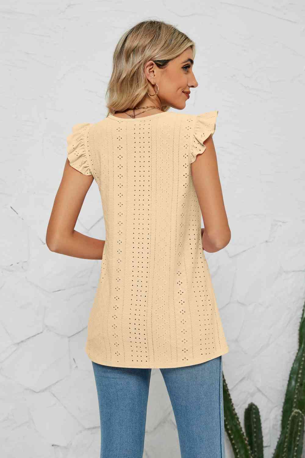 Smocked Round Neck Eyelet Top