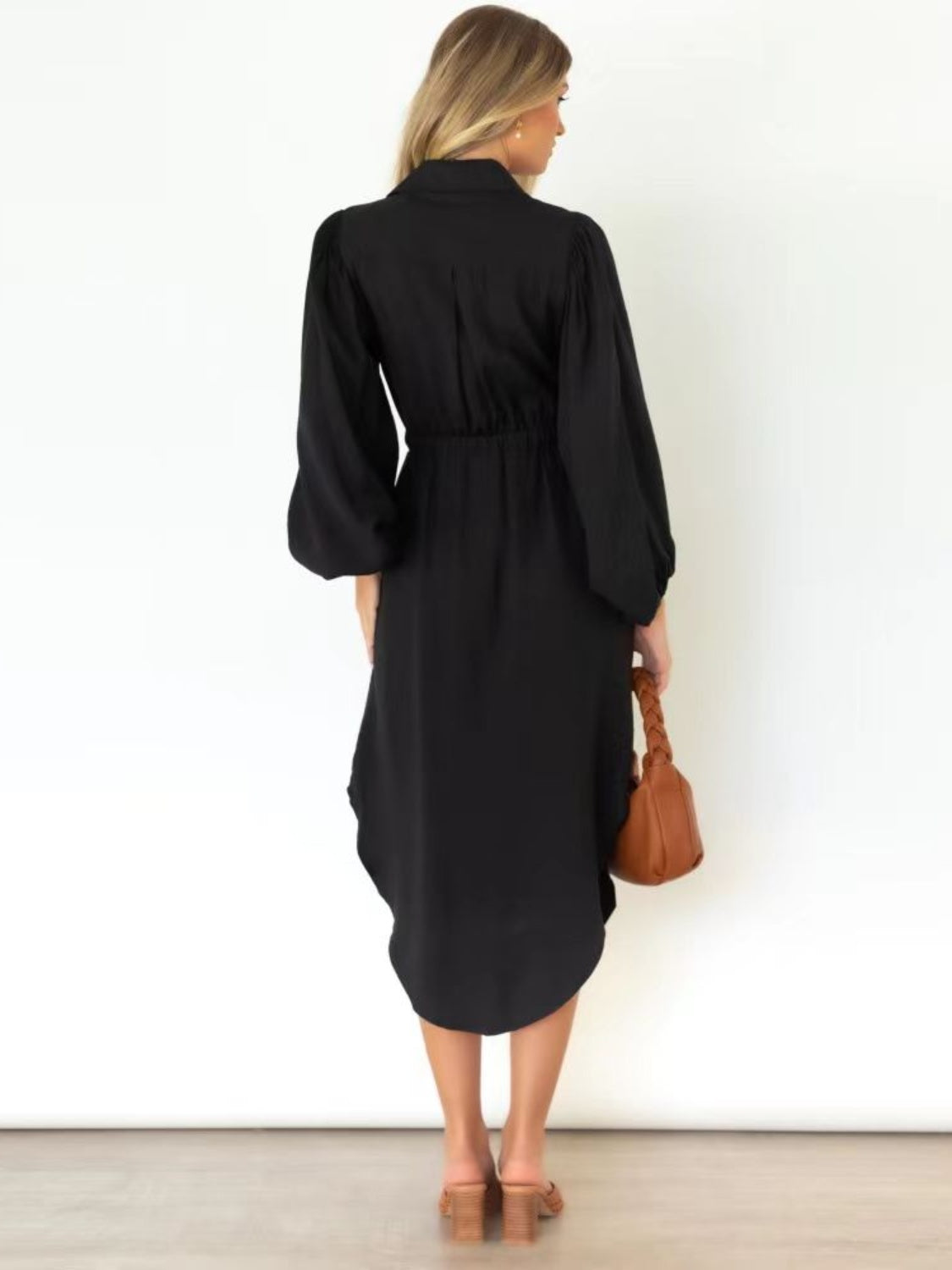 Drawstring Button Up Balloon Sleeve Dress