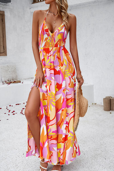 Smocked Slit Tied Printed Dress