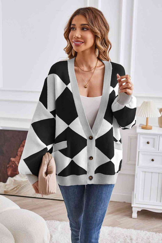 Geometric Lantern Sleeve Cardigan with Pockets