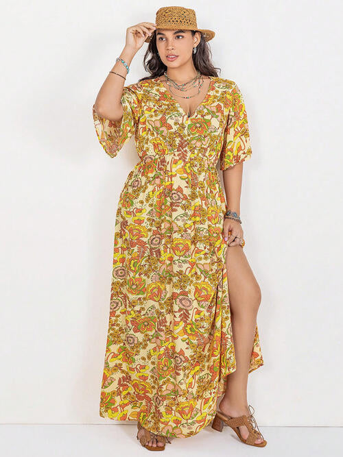 Floral V-Neck Short Sleeve Slit Dress