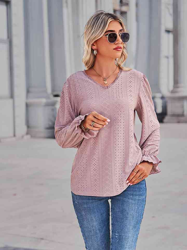 Eyelet V-Neck Flounce Sleeve Blouse