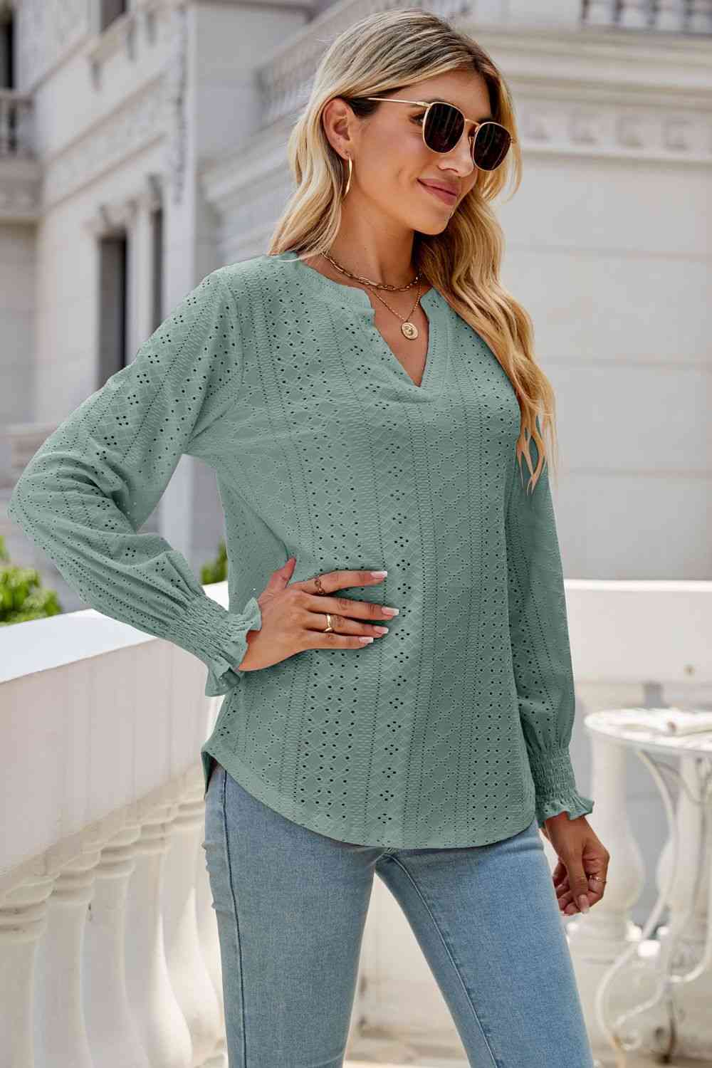 Notched Flounce Sleeve Eyelet Top