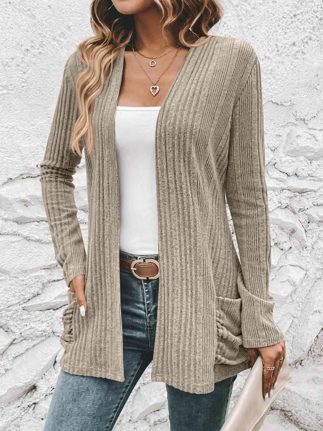 Ribbed Open Front Cardigan with Pockets