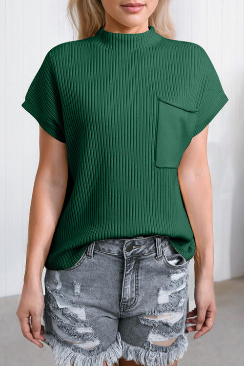 Ribbed Mock Neck Short Sleeve Knit Top