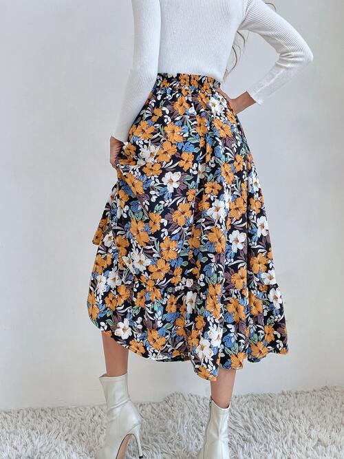 Printed Ruffle Hem Midi Skirt