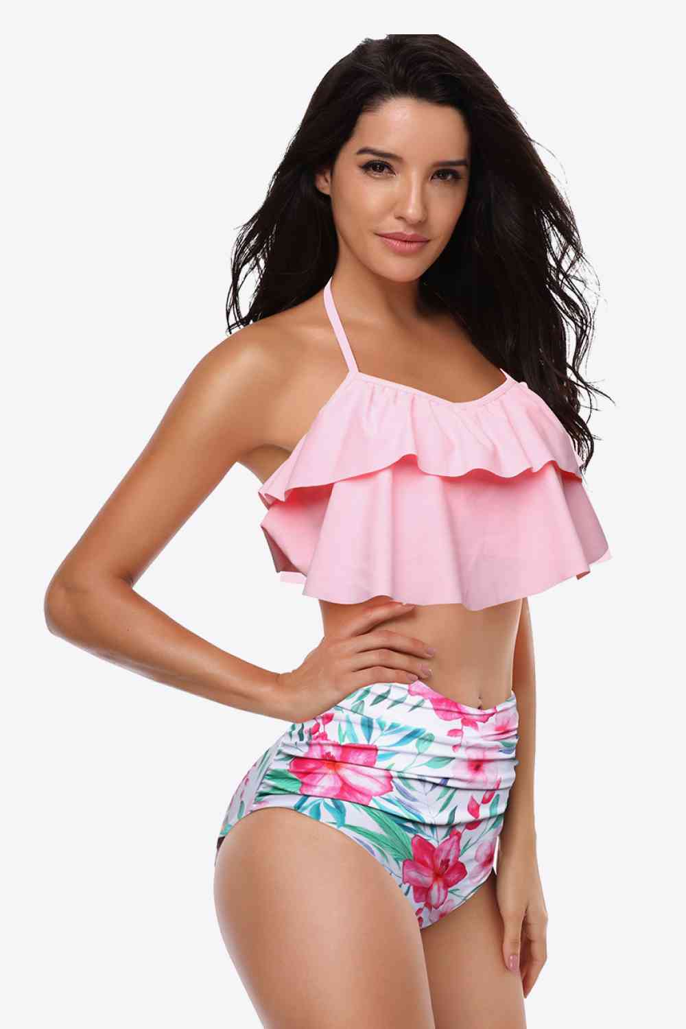 Two-Tone Ruffled Halter Neck Two-Piece Swimsuit