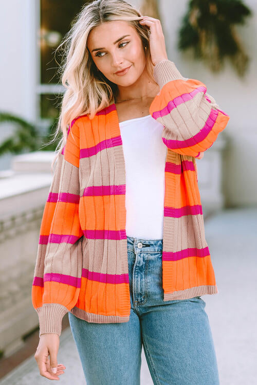 Ribbed Striped Open Front Long Sleeve Cardigan