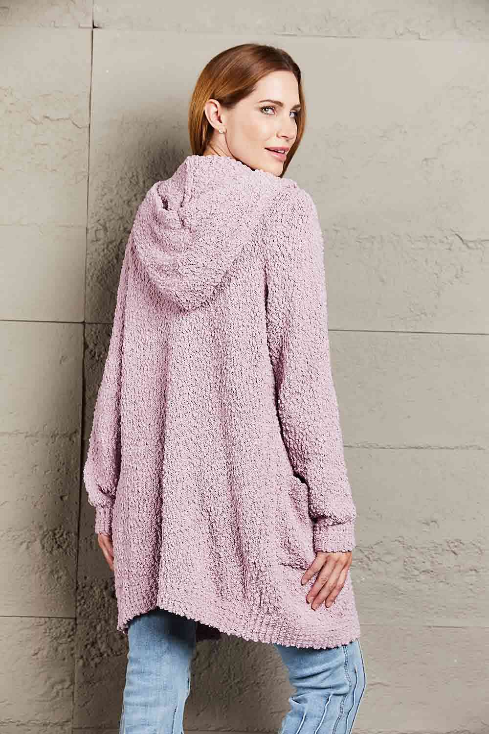 Double Take Popcorn-Knit Long Sleeve Hooded Cardigan