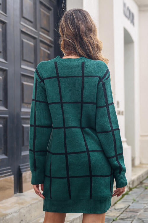 Plaid Round Neck Long Sleeve Sweater Dress