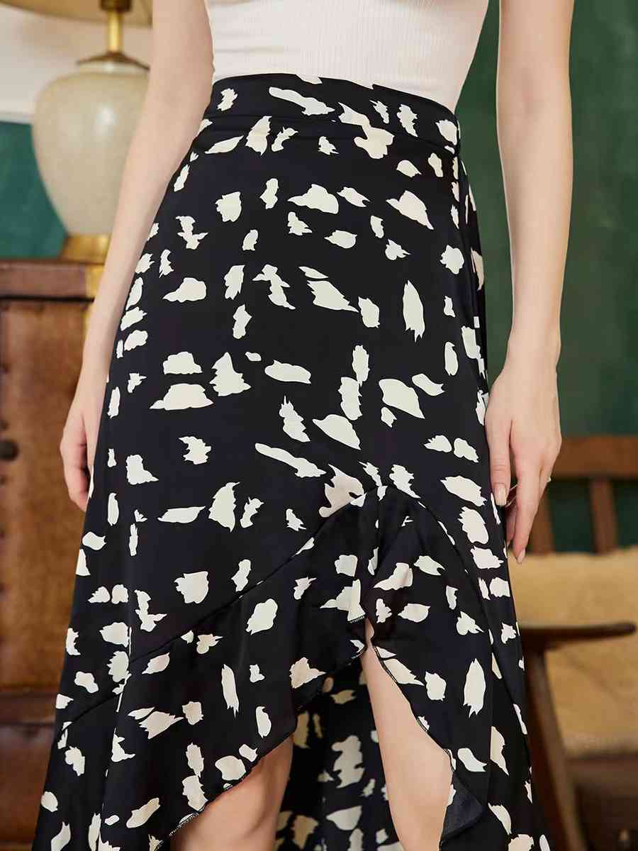 Printed Ruffled Front Slit Skirt