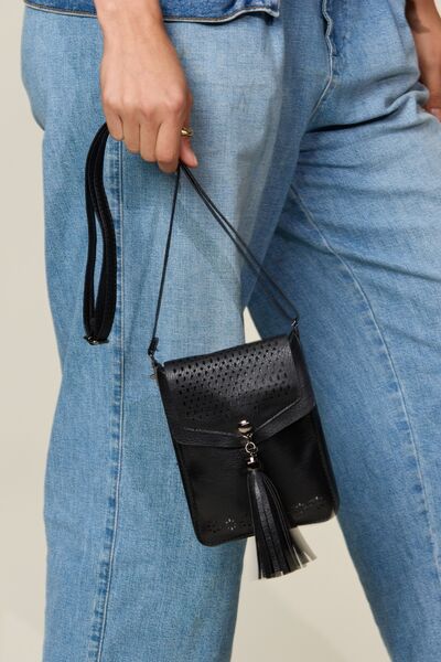 Zenana PU Leather Tassel Hollowed Crossbody Bag