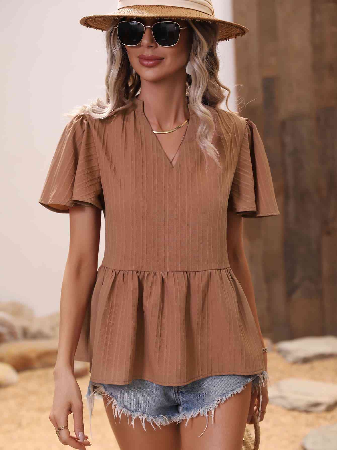 Ribbed Flutter Sleeve Notched Peplum Blouse