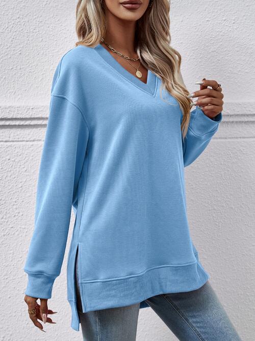 V-Neck Slit Long Sleeve Sweatshirt