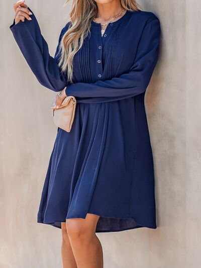 Plus Size Pleated Half Button Round Neck Dress