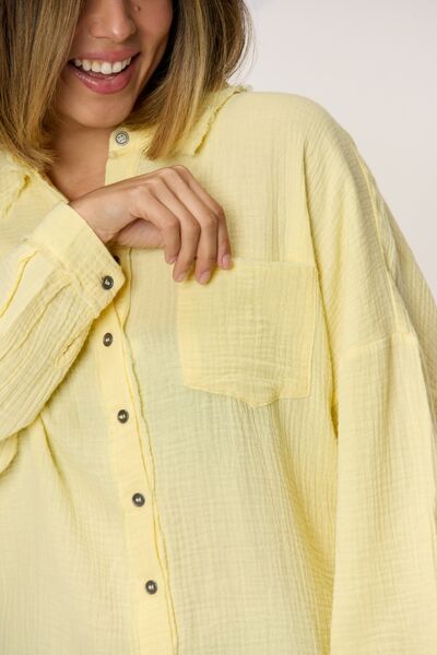 Zenana Texture Button Up Raw Hem Long Sleeve Shirt