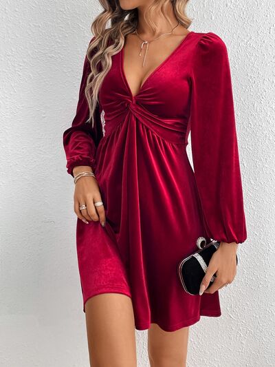 Twisted V-Neck Balloon Sleeve Mini Dress