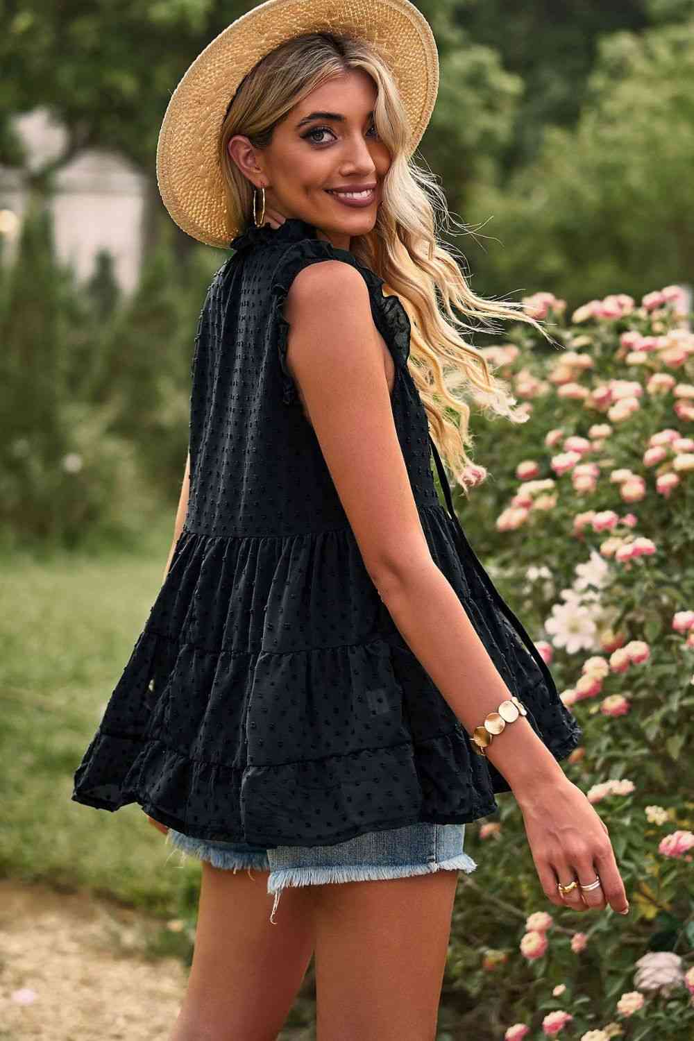 Swiss Dot Ruffle Shoulder Tiered Top