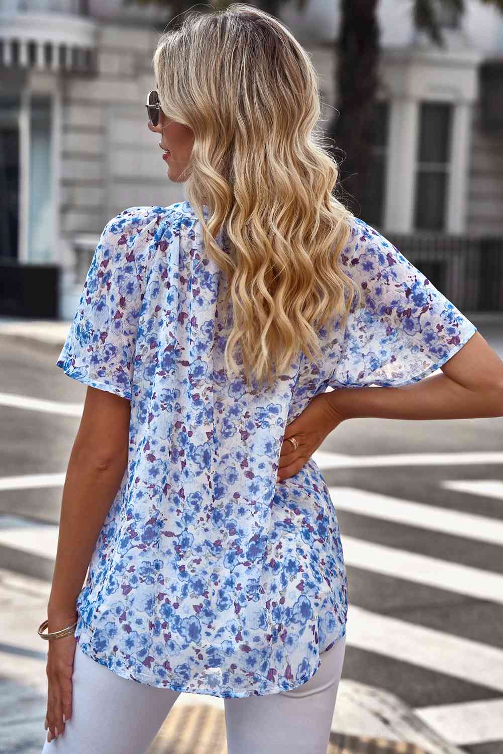 Floral Notched Neck Flutter Sleeve Blouse