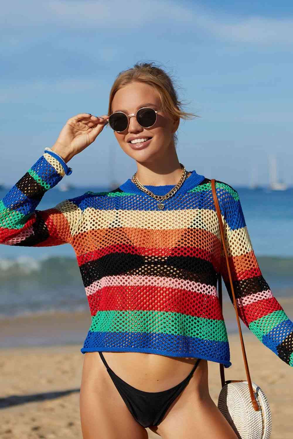 Rainbow Stripe Openwork Long Sleeve Cover-Up