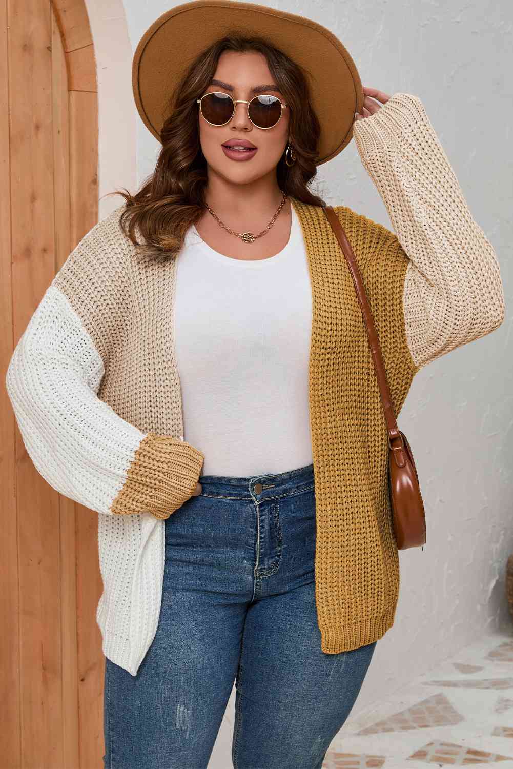 Plus Size Color Block Dropped Shoulder Cardigan