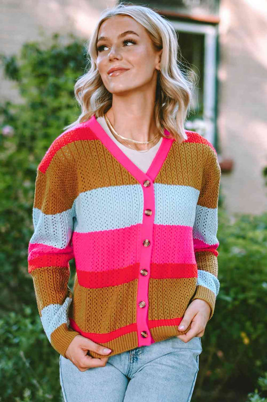 Striped V-Neck Button Up Cardigan