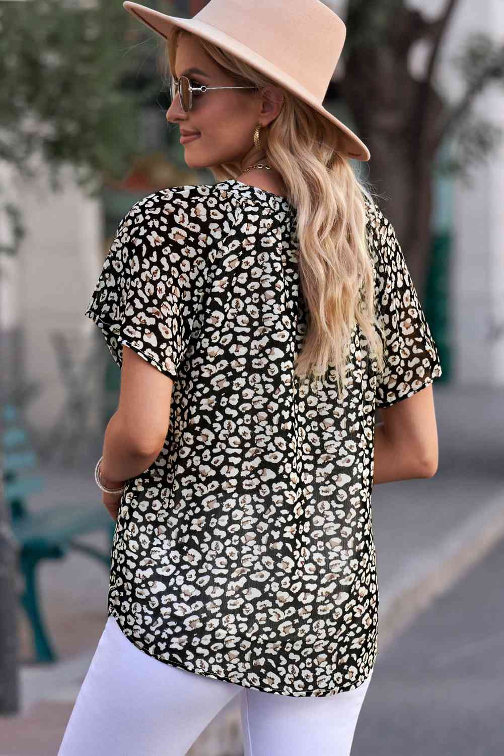 Floral Notched Neck Flutter Sleeve Blouse