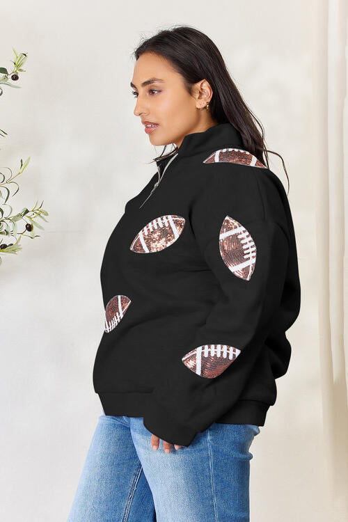 Double Take Full Size Sequin Football Half Zip Long Sleeve Sweatshirt