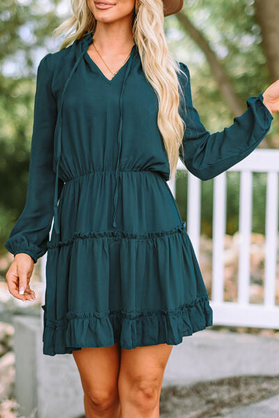 Frill Tie Neck Balloon Sleeve Dress