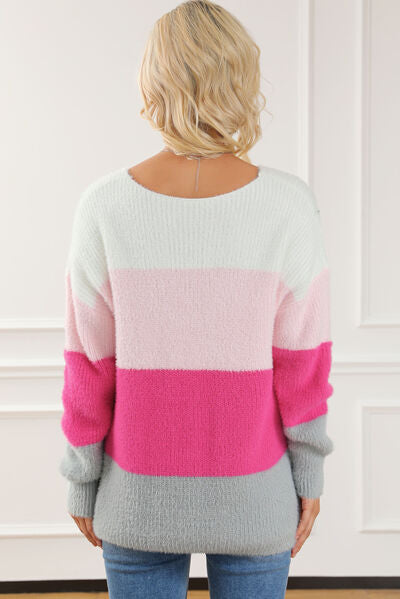 Color Block V-Neck Dropped Shoulder Sweater