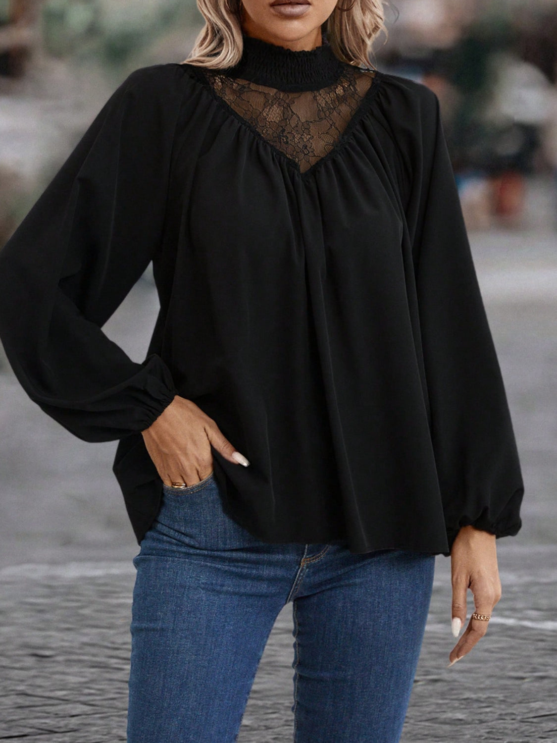 Lace Detail Mock Neck Top