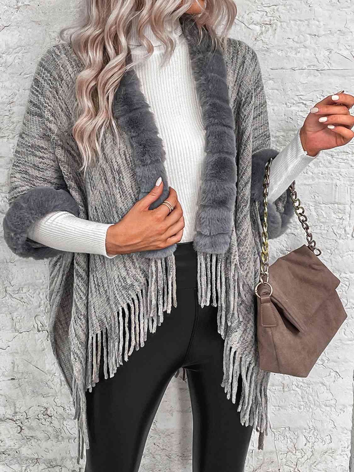 Open Front Fringe Hem Poncho