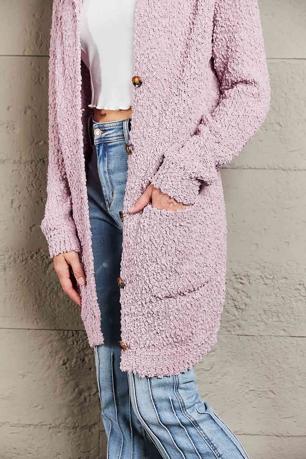 Double Take Popcorn-Knit Long Sleeve Hooded Cardigan