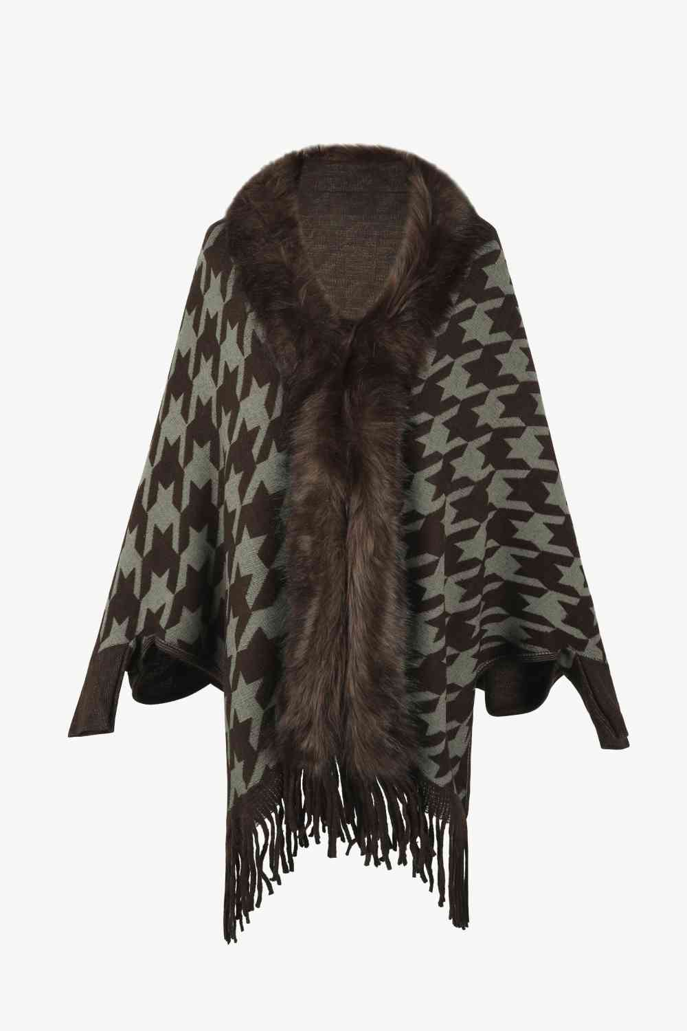 Houndstooth Fringe Hem Poncho