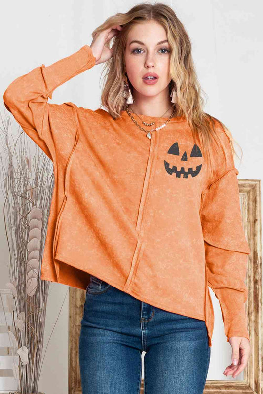 Round Neck Long Sleeve Jack-O'-Lantern Graphic Blouse