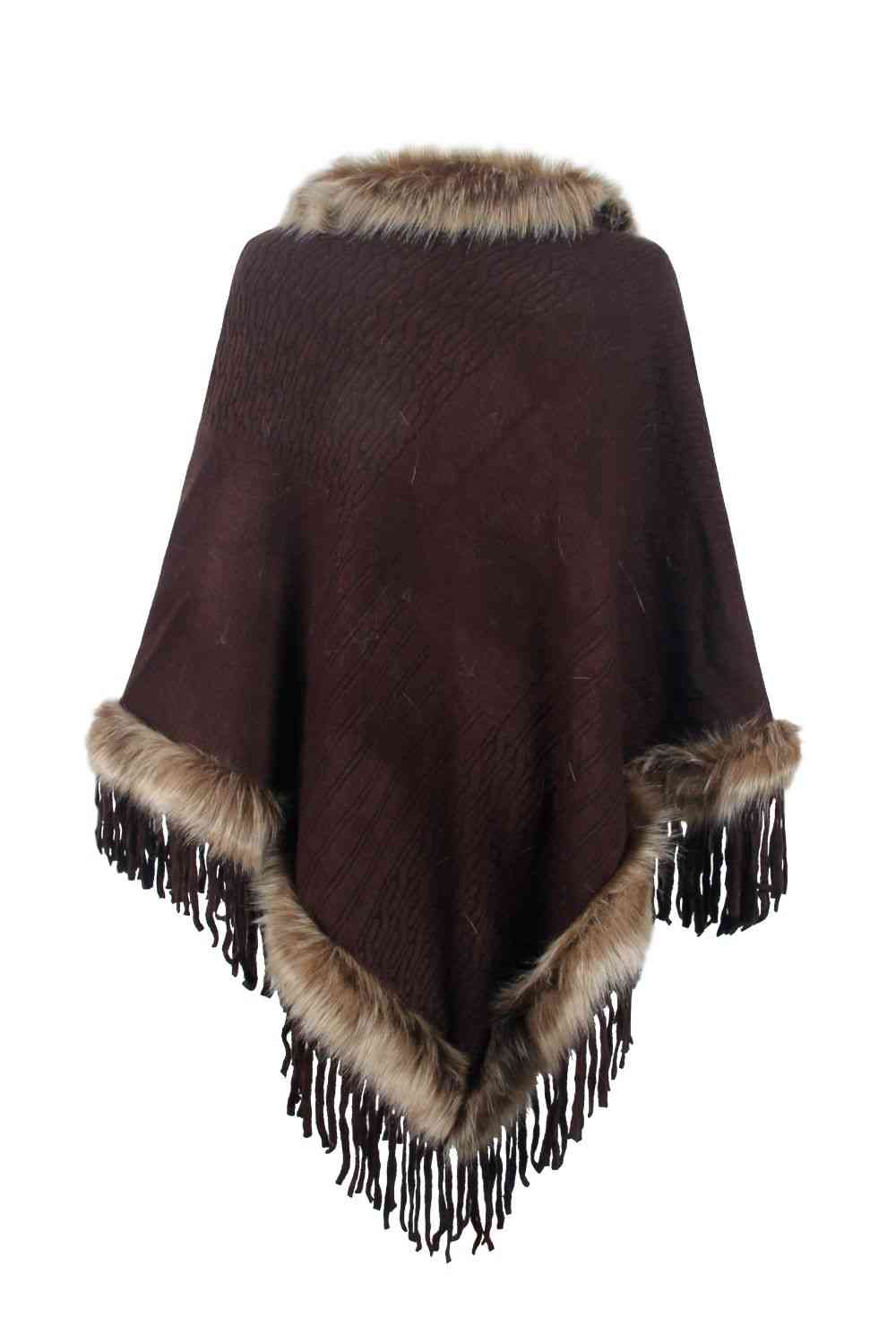 Faux Fur Trim Fringed Poncho