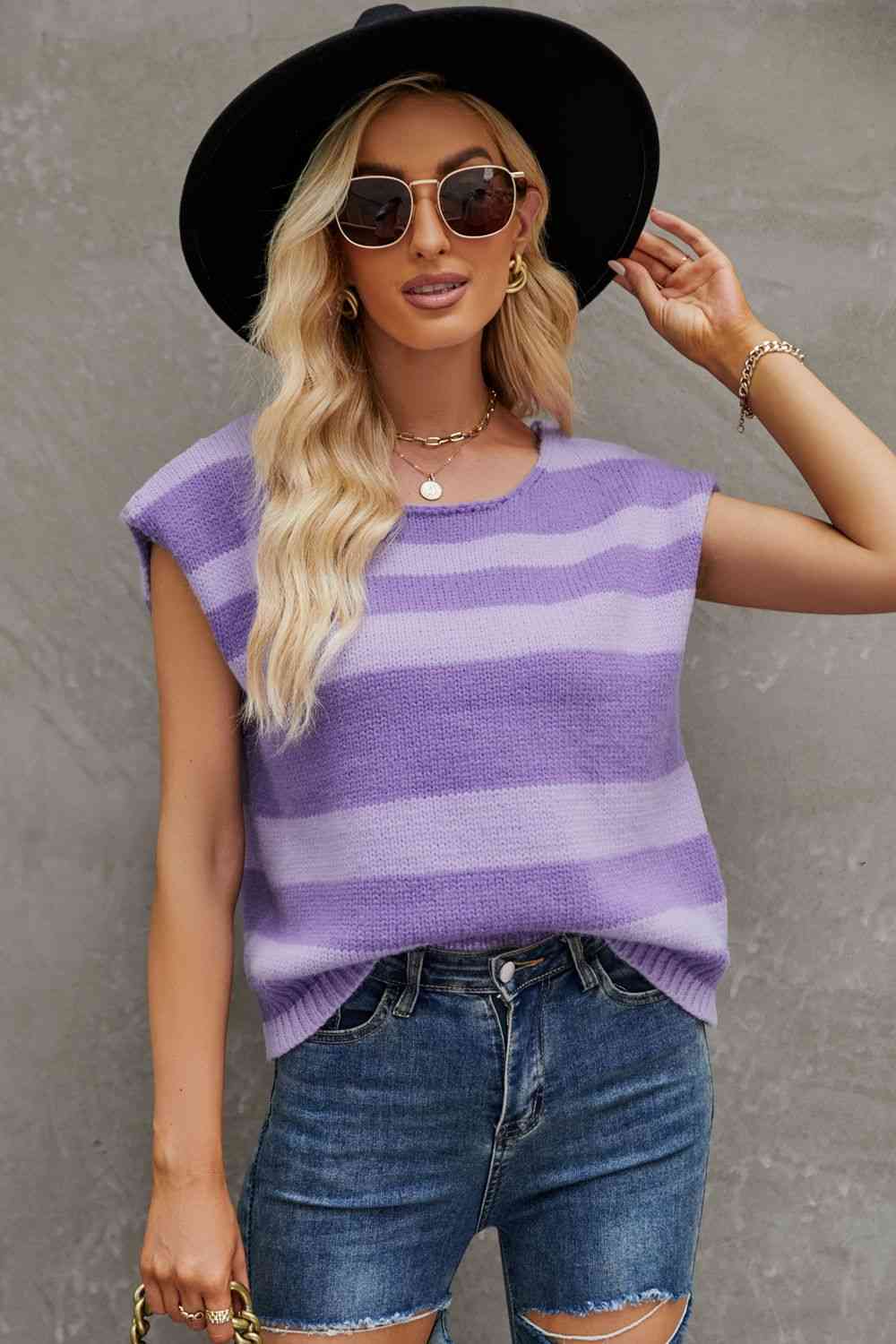 Striped Round Neck Cap Sleeve Knit Top