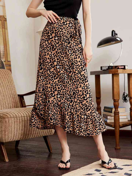 Leopard Ruffle Hem Midi Skirt