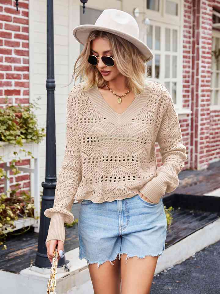 V-Neck Openwork Long Sleeve Sweater