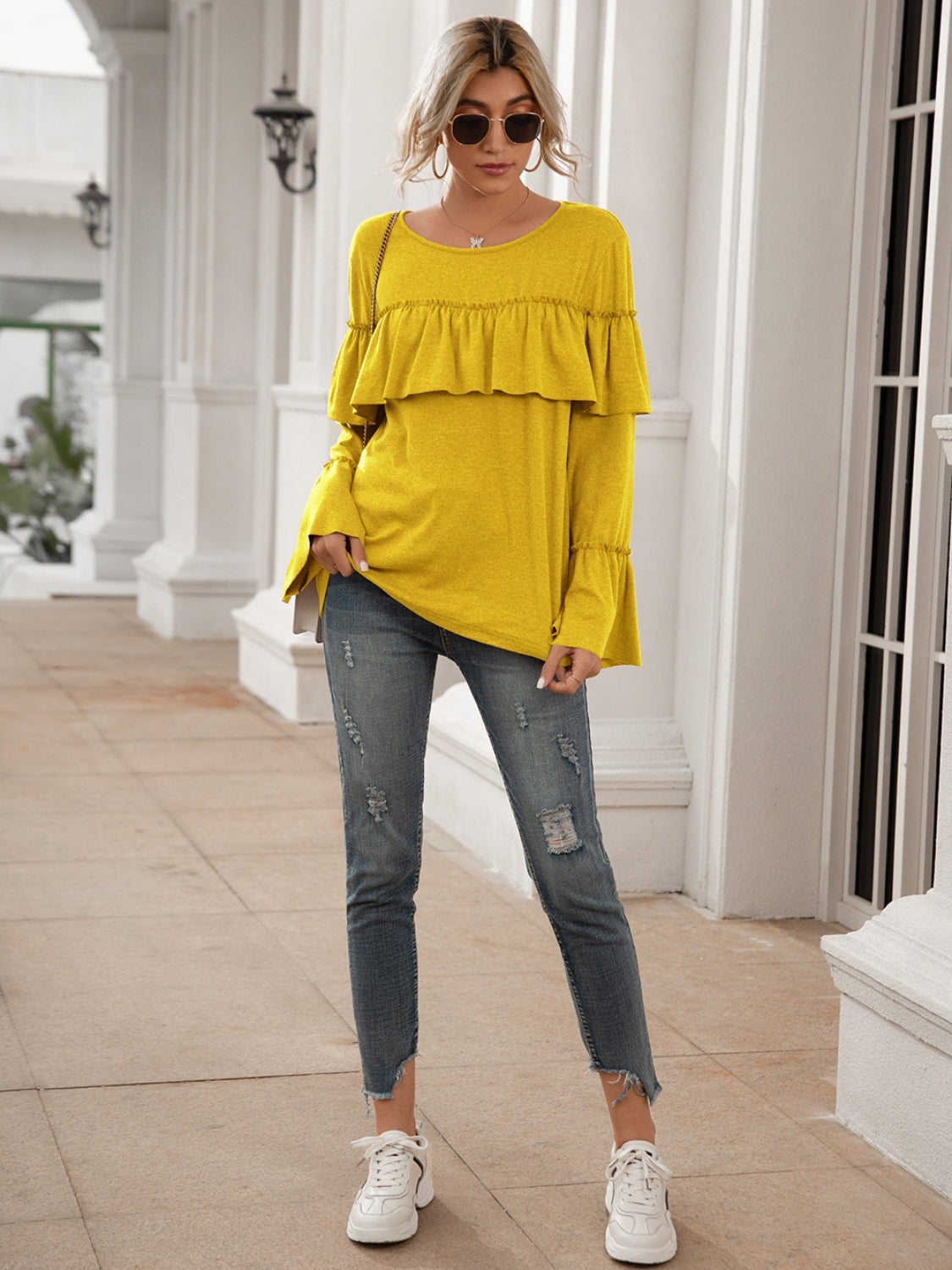 Round Neck Flare Sleeve Top